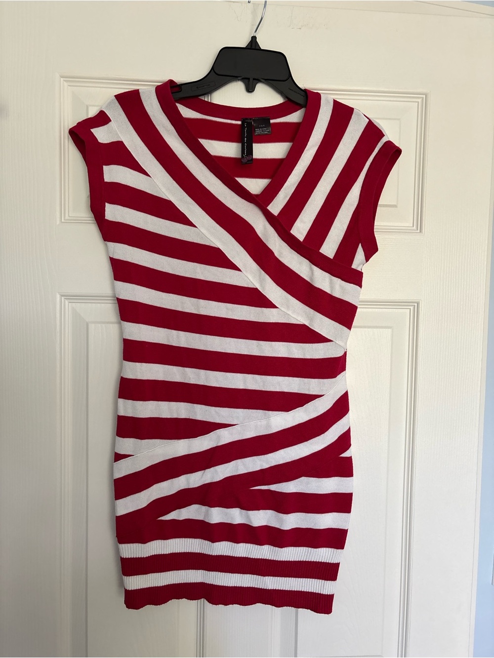 Le Temps Des Cerises Red and White Striped Cap-Sleeve Knit Dress